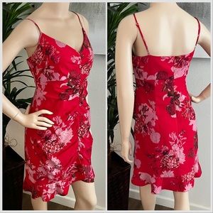 Guess Red & Pink Floral Print Party Dress with Spaghetti Straps & Ruching